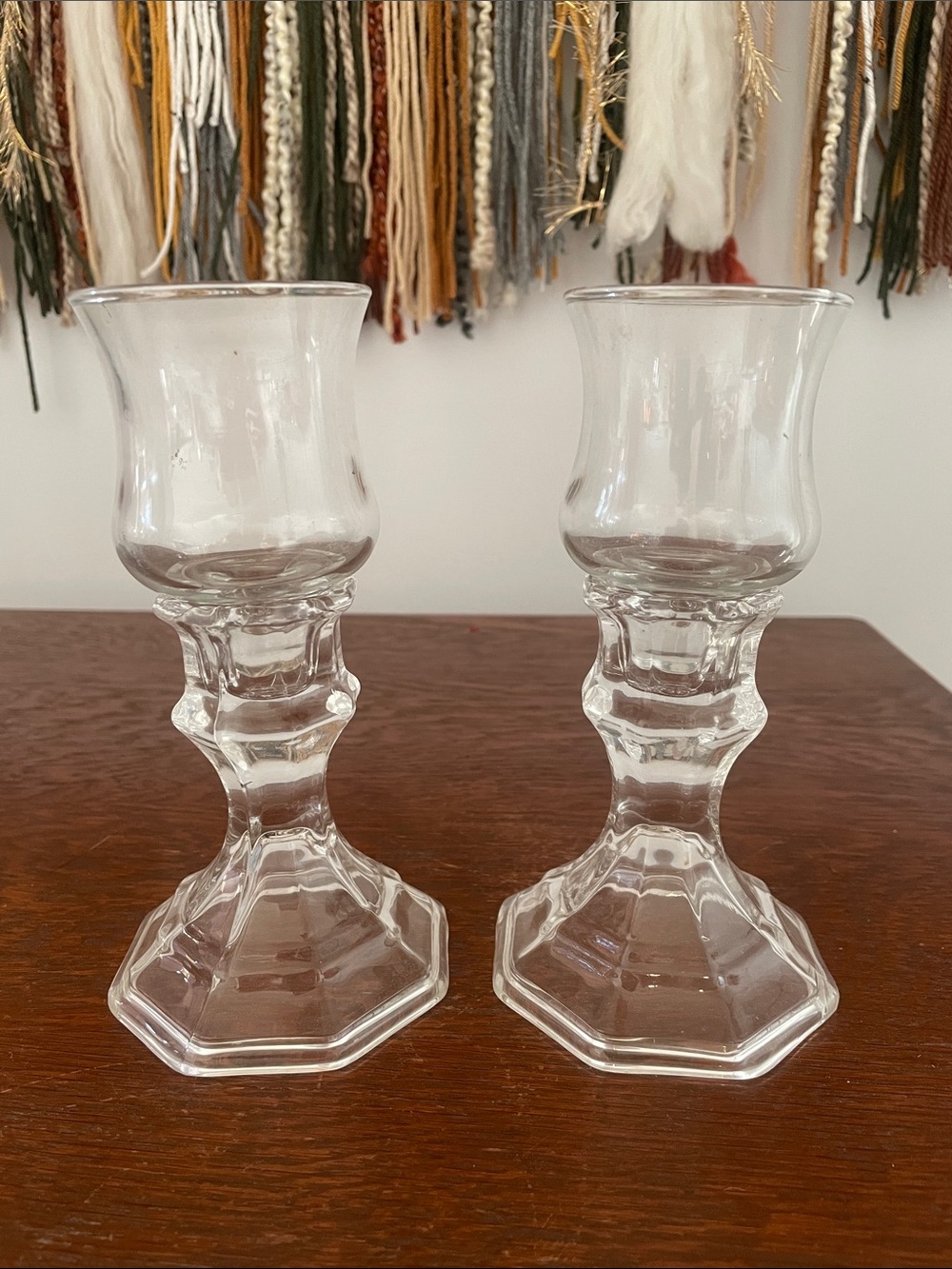 Clear Glass Hexagonal Stem Candlestick Pair - Picture 1 of 3